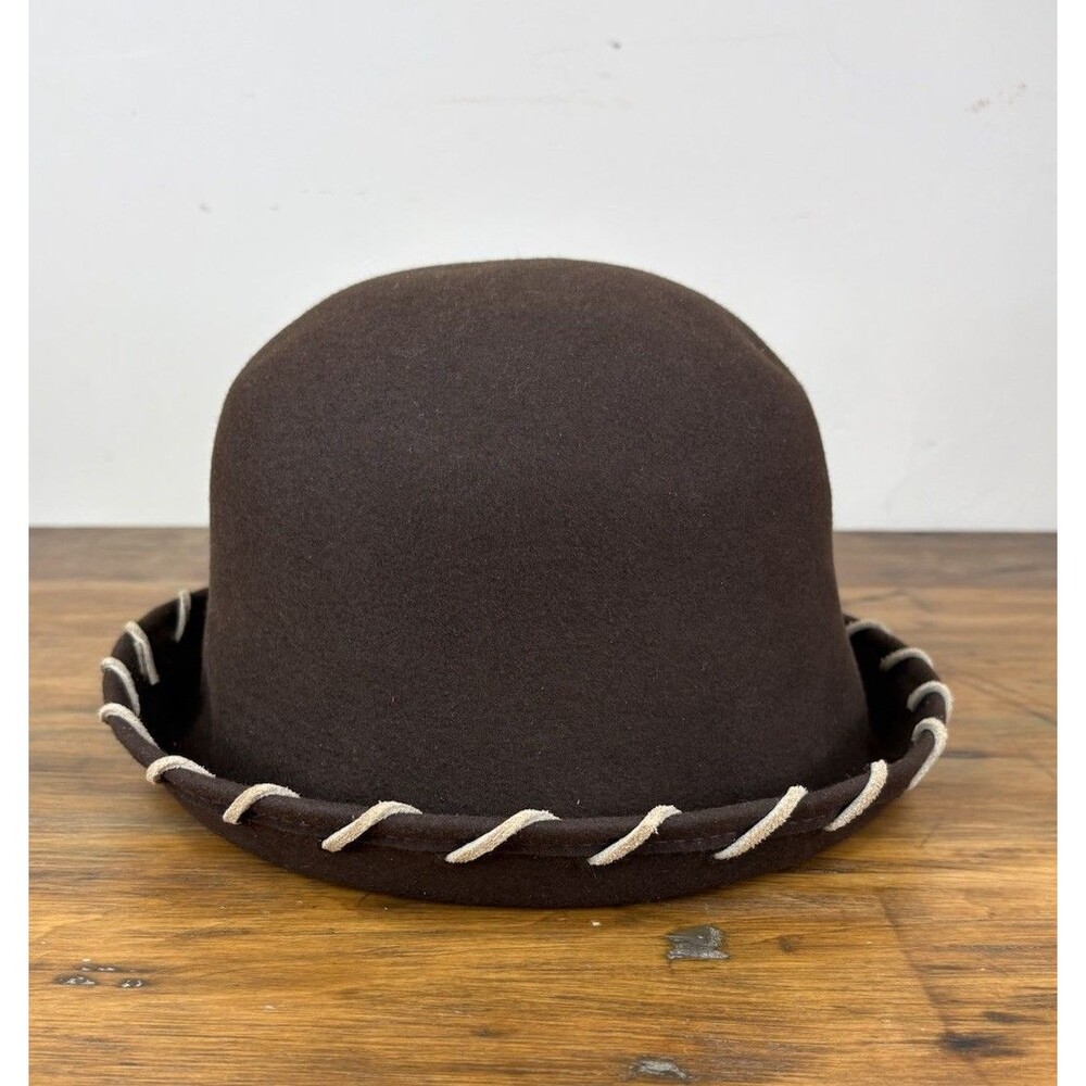 Vintage Ruff Hewn Wool Bowler Hat Brown Cloche Whipstitch Boho Derby Americana